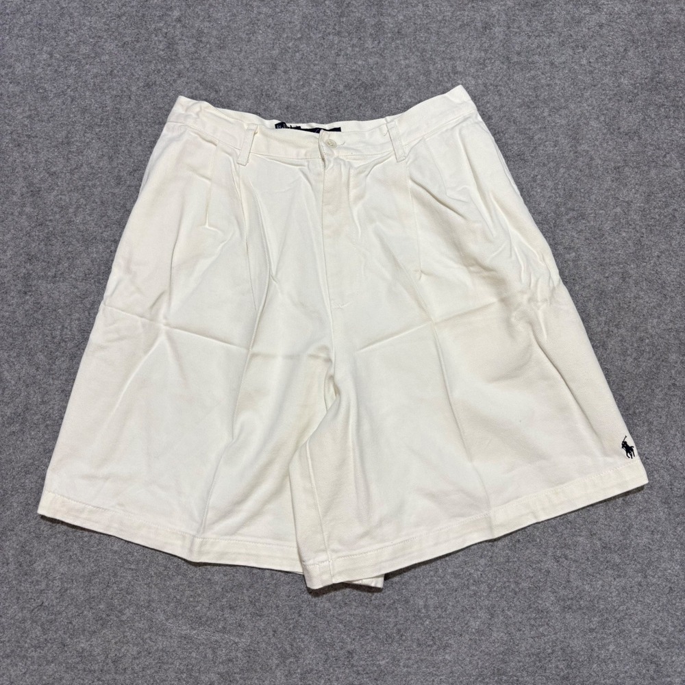 Vintage Ralph Lauren Pleated Shorts White Cotton Twill High Waist Size 12 USA